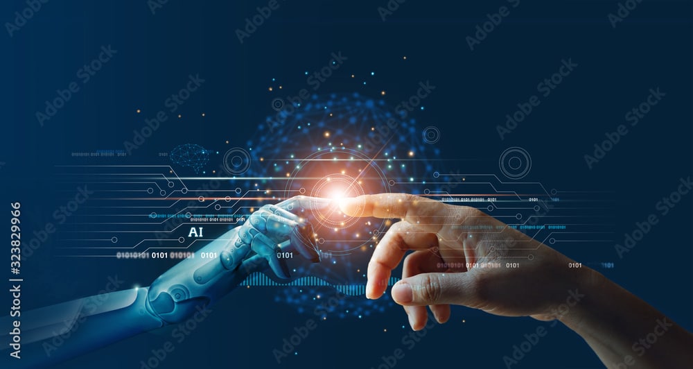 AI, Machine learning, Hands of robot and human touching on big data network connection background, Science and artificial intelligence technology, innovation and futuristic.