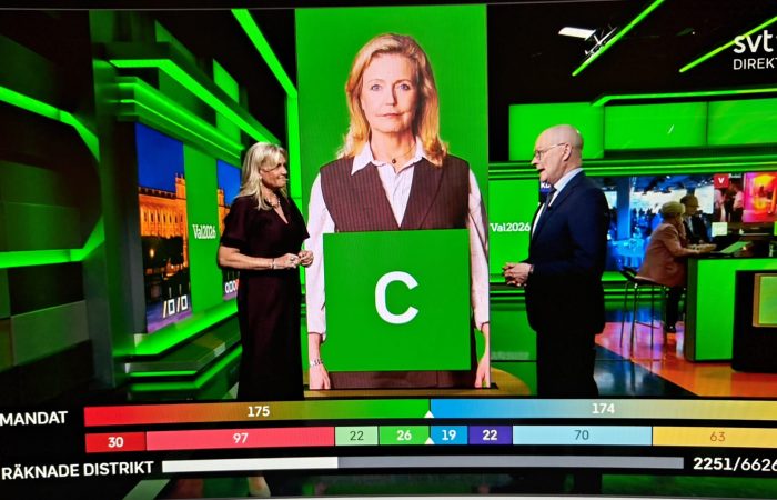 Det var jevnt og spennende lenge, i SVTs valgsending, under Riksdags-valget i Sverige søndag 13. september. Hva vil Centerpartiet gjøre videre i forhandlingene er ett av spørsmålene mange stiller seg. Ingenting er avgjort ennå hva et jevnt valgresultat vil bety for regjeringsdannelse.

Skjermdump: SVT/Sveriges Television