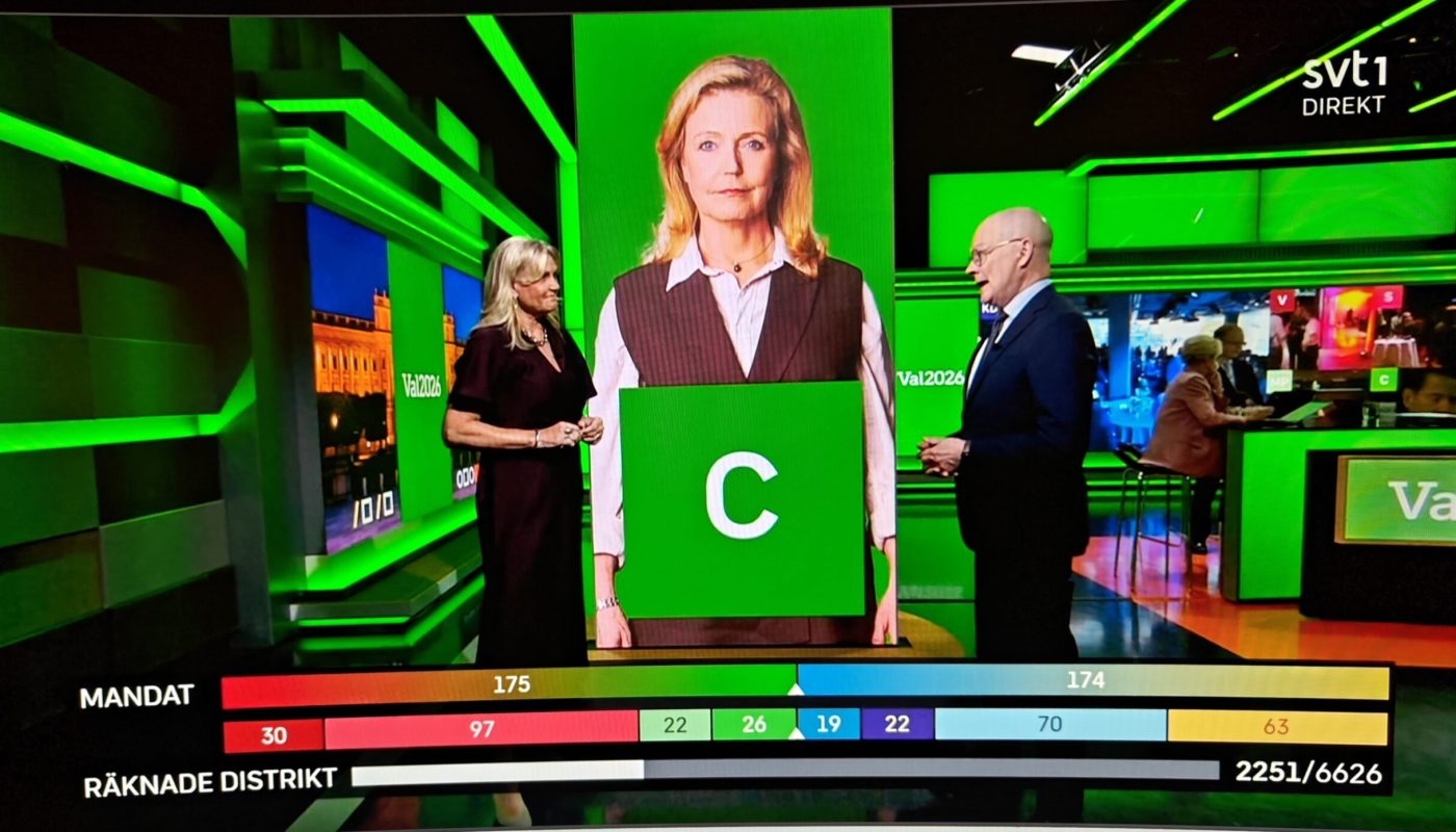 Det var jevnt og spennende lenge, i SVTs valgsending, under Riksdags-valget i Sverige søndag 13. september. Hva vil Centerpartiet gjøre videre i forhandlingene er ett av spørsmålene mange stiller seg. Ingenting er avgjort ennå hva et jevnt valgresultat vil bety for regjeringsdannelse.

Skjermdump: SVT/Sveriges Television