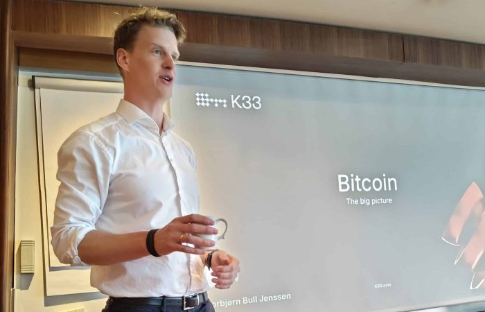 Torbjørn Bull Jensen, gründer og direktør i meglerfirmaet K33, holdt foredrag om Bitcoin.
Foto: Klaus Jakobsen