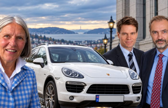Illustrasjonsbilde sammensatt av ChatGPT. Fra venstre: Olaug Brunstad, en hvit 2012-modell Porsche Cayenne, regjeringsadvokat Ole Kristian Rigland, Kyrre Eggen, partner og advokat i CLP. Hvor nedrig skal regjeringsadvokaten tillate seg å være i beregning av verdier?