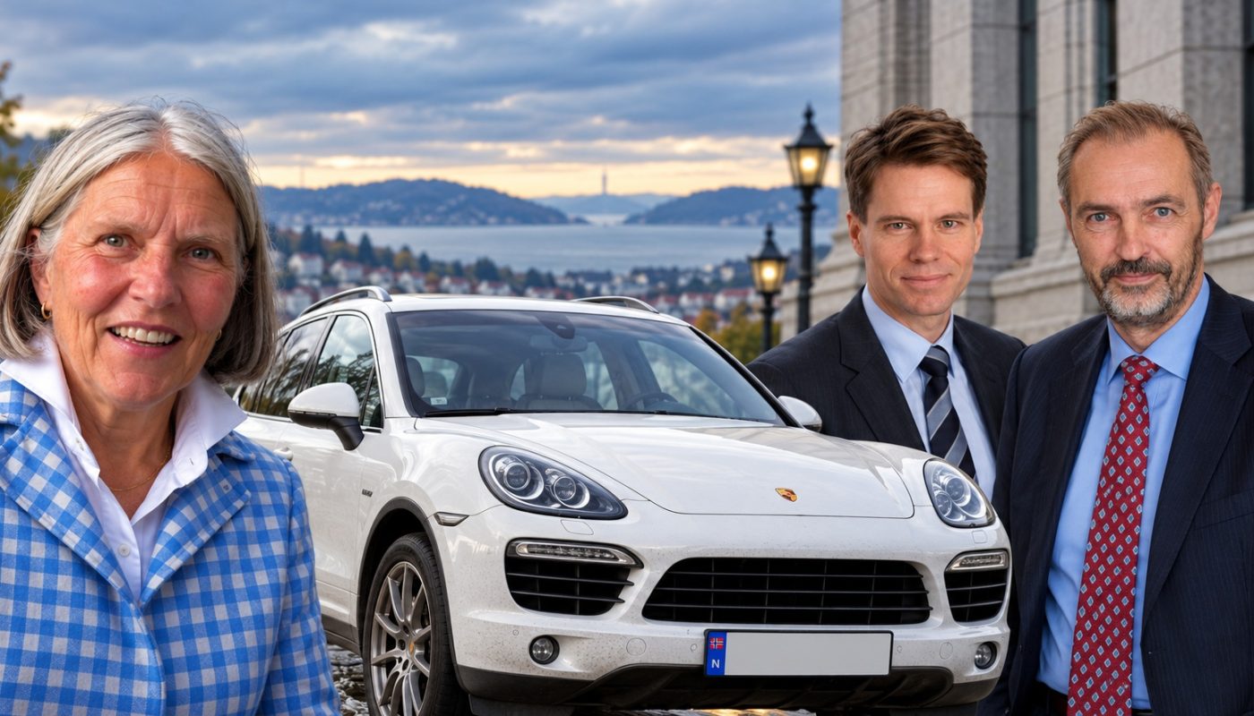 Illustrasjonsbilde sammensatt av ChatGPT. Fra venstre: Olaug Brunstad, en hvit 2012-modell Porsche Cayenne, regjeringsadvokat Ole Kristian Rigland, Kyrre Eggen, partner og advokat i CLP. Hvor nedrig skal regjeringsadvokaten tillate seg å være i beregning av verdier?